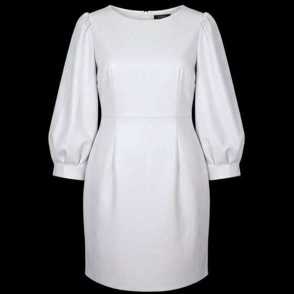 EVER NEW Henley Puff Sleeve Mini Dress Size US 10 Petite Stone Vegan Leather - Picture 2 of 10